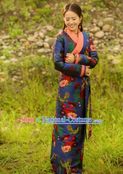 Chinese Traditional Tibetan Ethnic Female Printing Blue Dress Zang Nationality Heishui Dance Costume for Women