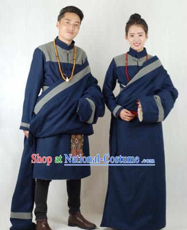 Chinese Traditional Tibetan Bride and Bridegroom Navy Robes Zang Nationality Wedding Ethnic Costumes for Women for Men