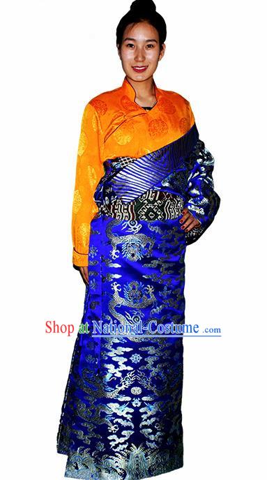 Chinese Traditional Tibetan National Ethnic Royalblue Brocade Robe Zang Nationality Costume for Women