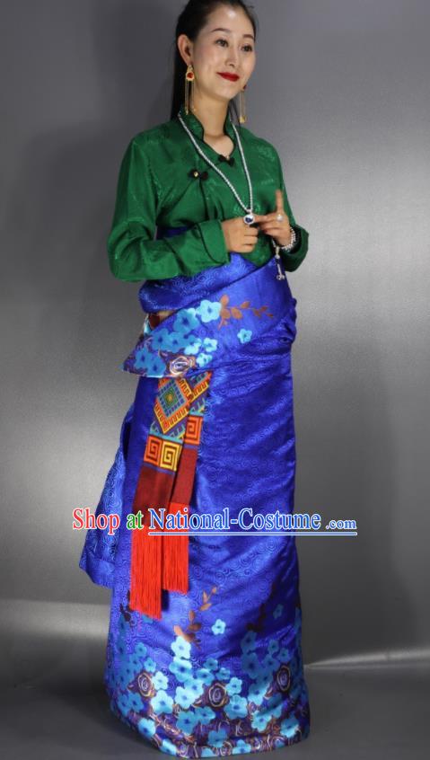 Chinese Traditional Tibetan National Ethnic Royalblue Robe Zang Nationality Wedding Costume for Women