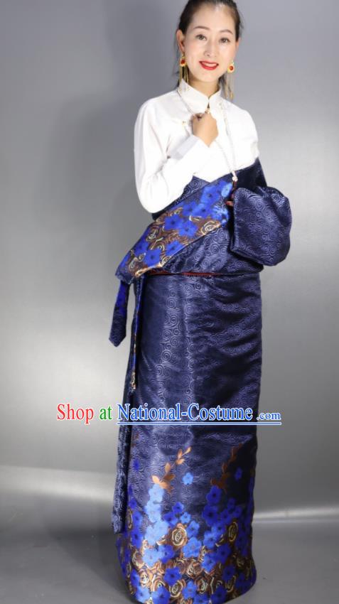 Chinese Traditional Tibetan National Ethnic Navy Robe Zang Nationality Wedding Costume for Women