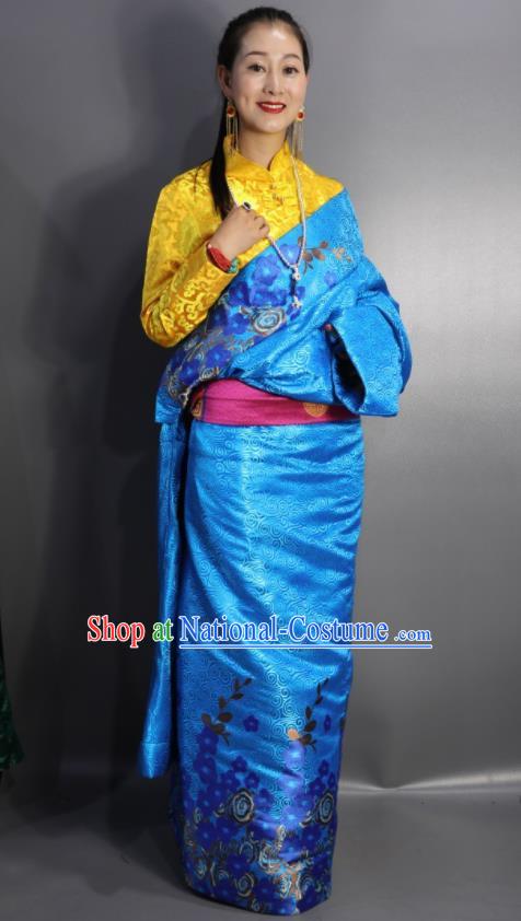 Chinese Traditional Tibetan National Ethnic Blue Robe Zang Nationality Wedding Costume for Women