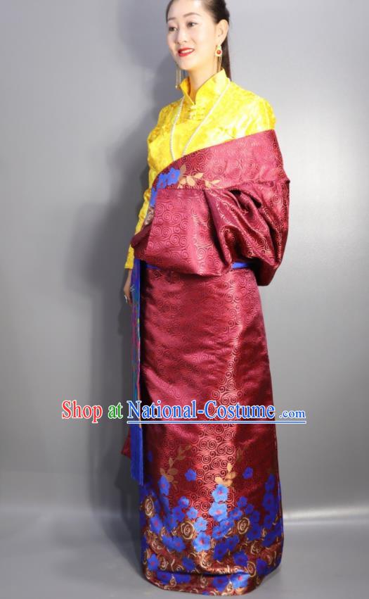 Chinese Traditional Tibetan National Ethnic Wine Red Robe Zang Nationality Wedding Costume for Women