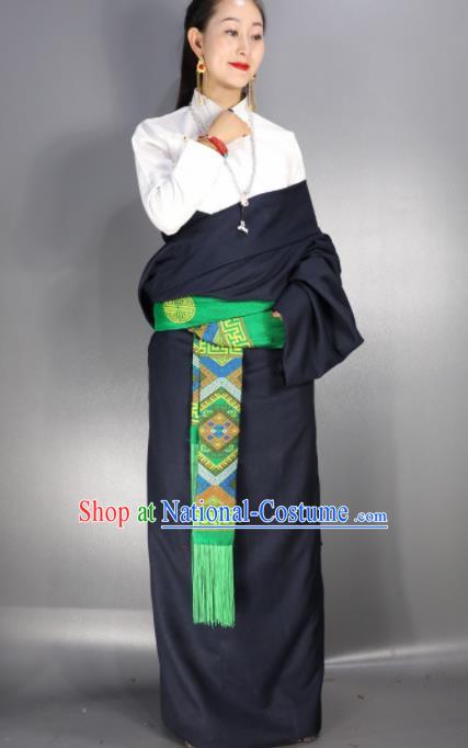 Chinese Traditional National Ethnic Navy Tibetan Robe Zang Nationality Folk Dance Costume for Women