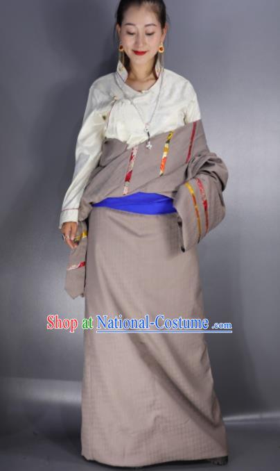 Chinese Traditional National Ethnic Khaki Tibetan Robe Zang Nationality Folk Dance Costume for Women