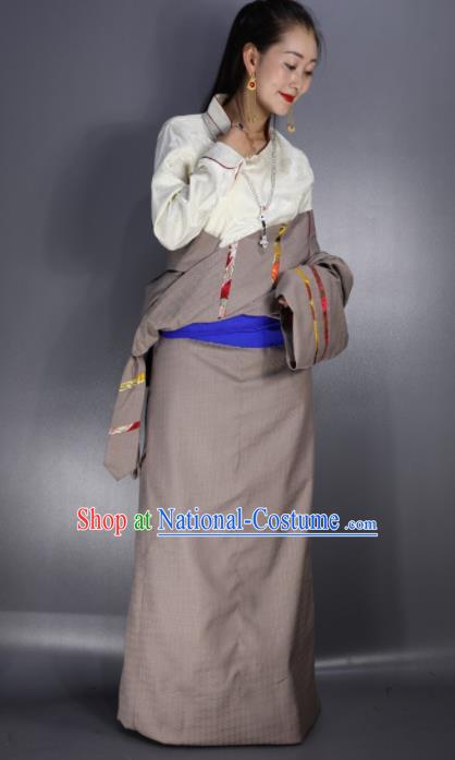 Chinese Traditional National Ethnic Khaki Tibetan Robe Zang Nationality Folk Dance Costume for Women