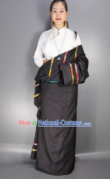 Chinese Traditional National Ethnic Black Tibetan Robe Zang Nationality Folk Dance Costume for Women