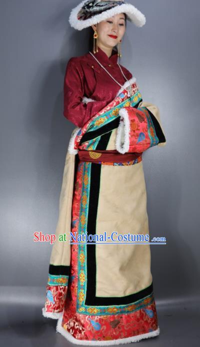 Chinese Traditional National Ethnic Wedding Tibetan Robe Zang Nationality Folk Dance Costume for Women