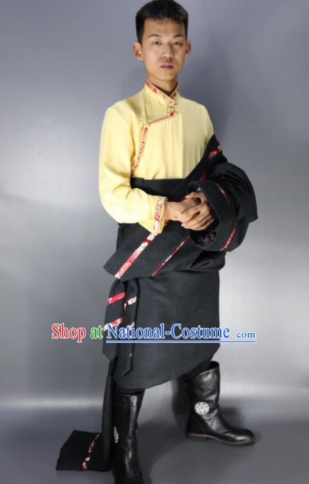 Traditional Chinese National Bride Ethnic Navy Tibetan Robe Zang Nationality Folk Dance Costumes for Men