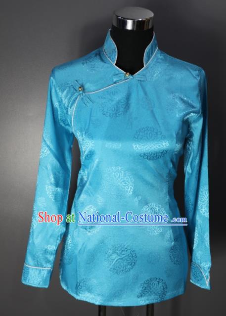 Chinese Traditional National Ethnic Tibetan Blue Blouse Zang Nationality Folk Dance Costume for Women