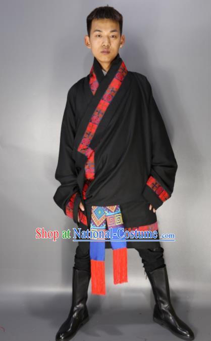 Chinese Traditional National Ethnic Black Tibetan Robe Zang Nationality Folk Dance Costumes for Men