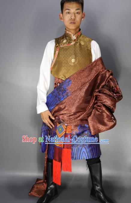 Chinese Traditional National Ethnic Bronze Tibetan Robe Zang Nationality Folk Dance Costumes for Men