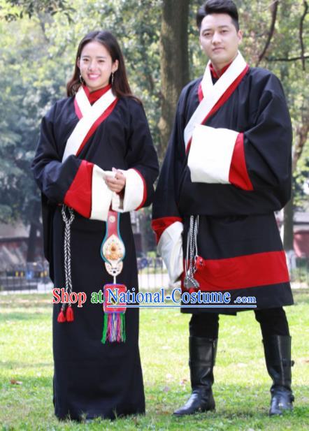 Chinese Traditional Tibetan Bride and Bridegroom Black Robes Zang Nationality Heishui Dance Ethnic Costumes for Women for Men