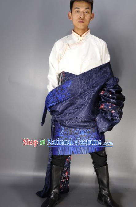 Chinese Traditional National Ethnic Navy Tibetan Robe Zang Nationality Folk Dance Costumes for Men