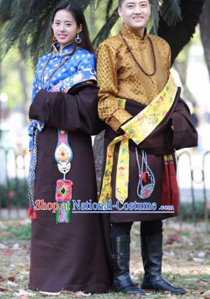 Chinese Traditional Tibetan Bride and Bridegroom Brown Robes Zang Nationality Heishui Dance Ethnic Costumes for Women for Men