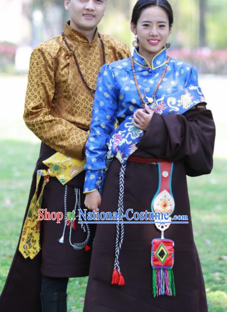 Chinese Traditional Tibetan Bride and Bridegroom Brown Robes Zang Nationality Heishui Dance Ethnic Costumes for Women for Men