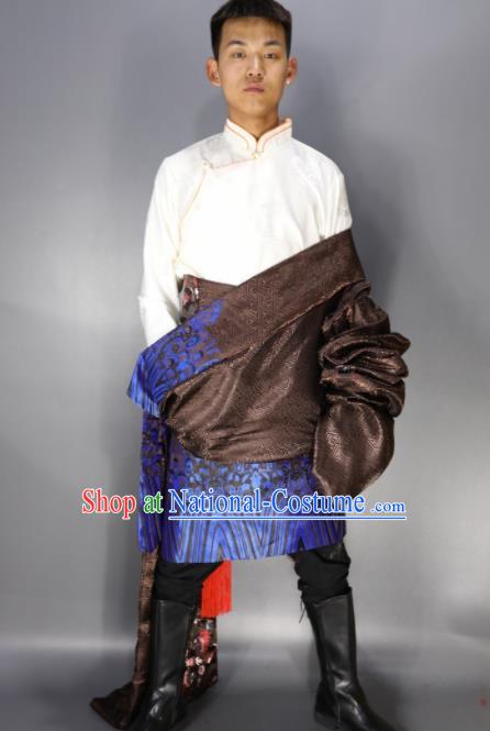 Chinese Traditional National Ethnic Brown Tibetan Robe Zang Nationality Folk Dance Costumes for Men