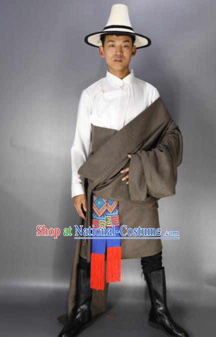 Traditional Chinese National Ethnic Grey Tibetan Robe Zang Nationality Folk Dance Costumes for Men