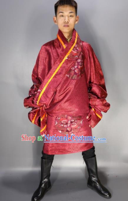 Traditional Chinese National Ethnic Embroidered Red Tibetan Robe Zang Nationality Folk Dance Costumes for Men