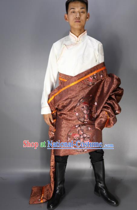 Traditional Chinese National Ethnic Embroidered Bronze Tibetan Robe Zang Nationality Folk Dance Costumes for Men