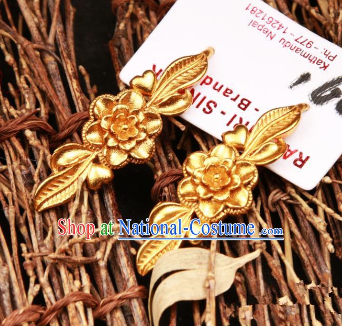 Chinese Traditional Ethnic Tibetan Ear Accessories Zang Nationality National Golden Flower Earrings for Women