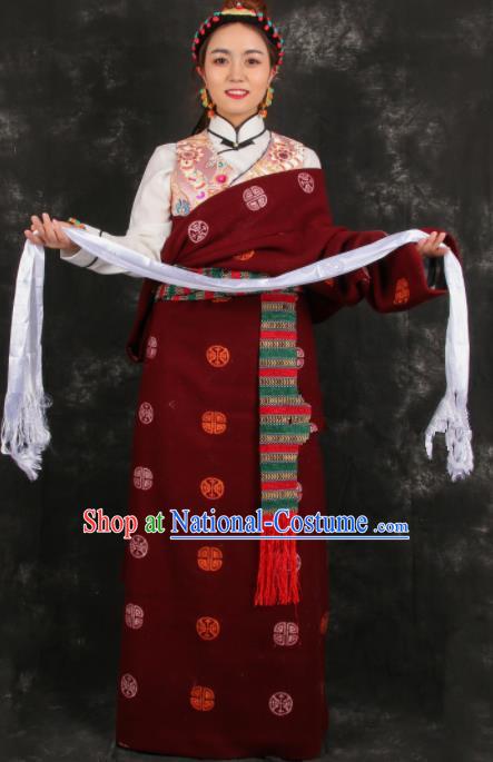 Chinese Traditional Tibetan Ethnic Bride Purplish Red Robe Zang Nationality Heishui Dance Costume for Women