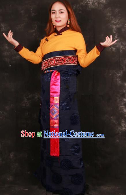 Chinese Traditional Tibetan Ethnic Bride Navy Brocade Robe Zang Nationality Heishui Dance Costume for Women