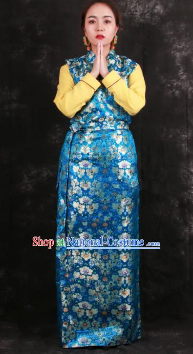 Chinese Traditional Tibetan Ethnic Bride Blue Brocade Dress Zang Nationality Heishui Dance Costume for Women