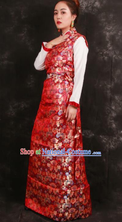 Chinese Traditional Tibetan Ethnic Bride Red Brocade Dress Zang Nationality Heishui Dance Costume for Women