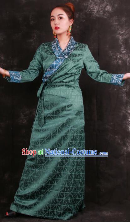 Chinese Traditional Tibetan Ethnic Green Brocade Dress Zang Nationality Heishui Dance Costume for Women