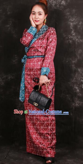 Chinese Traditional Tibetan Ethnic Red Brocade Dress Zang Nationality Heishui Dance Costume for Women