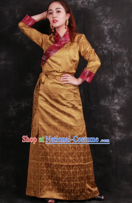 Chinese Traditional Tibetan Ethnic Golden Brocade Dress Zang Nationality Heishui Dance Costume for Women