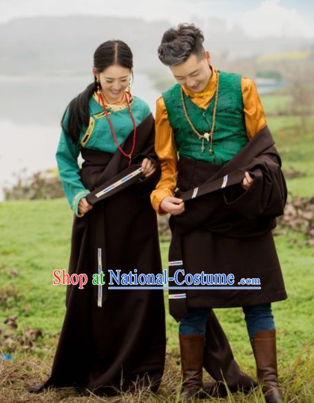 Chinese Traditional Tibetan Couple Deep Brown Robes Zang Nationality Heishui Dance Ethnic Costumes for Women for Men