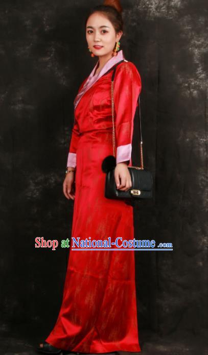 Chinese Traditional Ethnic Red Brocade Tibetan Dress Zang Nationality Heishui Dance Costume for Women