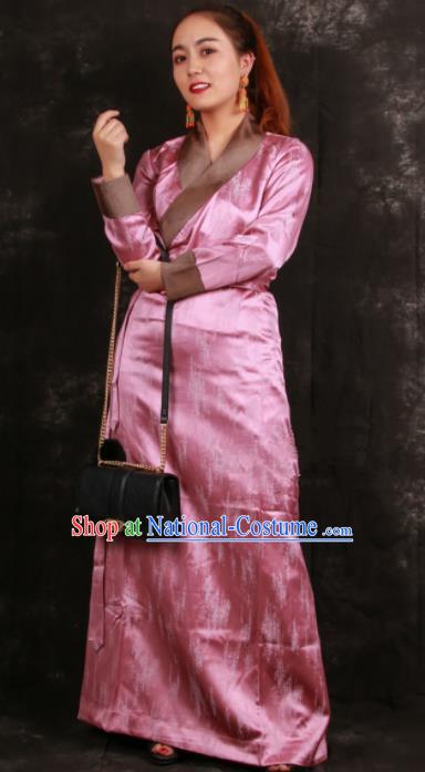 Chinese Traditional Ethnic Pink Brocade Tibetan Dress Zang Nationality Heishui Dance Costume for Women