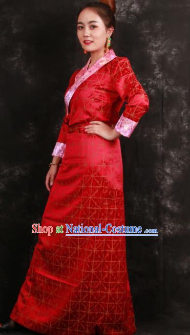 Chinese Traditional Ethnic Red Tibetan Dress Zang Nationality Heishui Dance Costume for Women