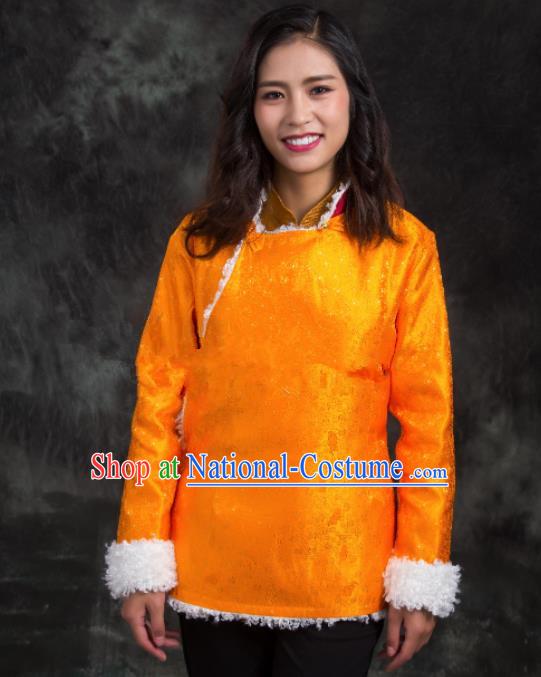 Chinese Traditional Ethnic Female Golden Tibetan Jacket Zang Nationality Heishui Dance Costume for Women