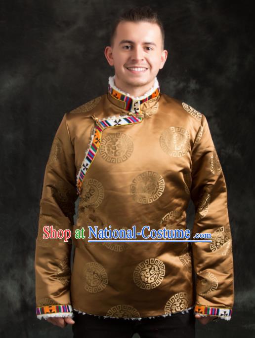 Chinese Traditional Tibetan Bronze Brocade Cotton Padded Jacket Zang Nationality Ethnic Costume for Men