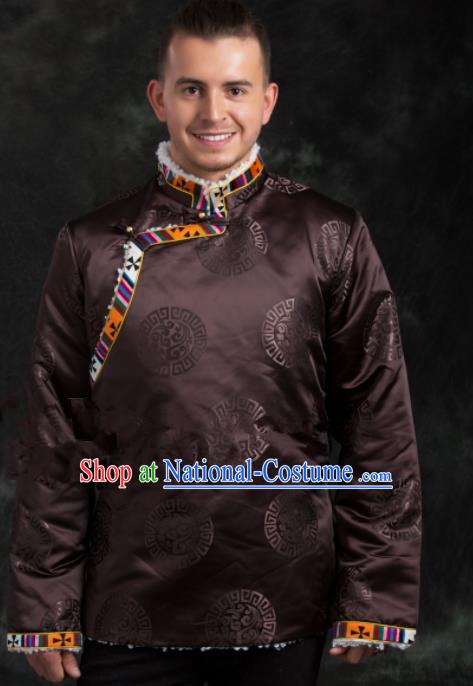 Chinese Traditional Tibetan Brown Brocade Cotton Padded Jacket Zang Nationality Ethnic Costume for Men