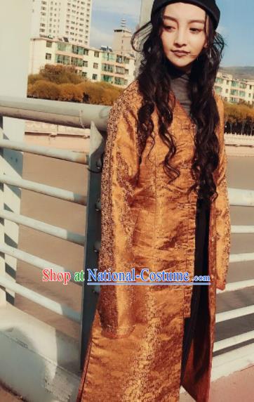 Chinese Traditional Ethnic Female Golden Dust Coat Zang Nationality Costume for Women