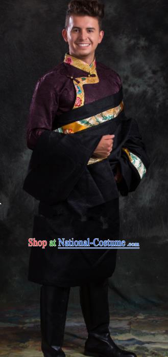 Chinese Traditional Black Tibetan Robe Zang Nationality Ethnic Folk Dance Costume for Men