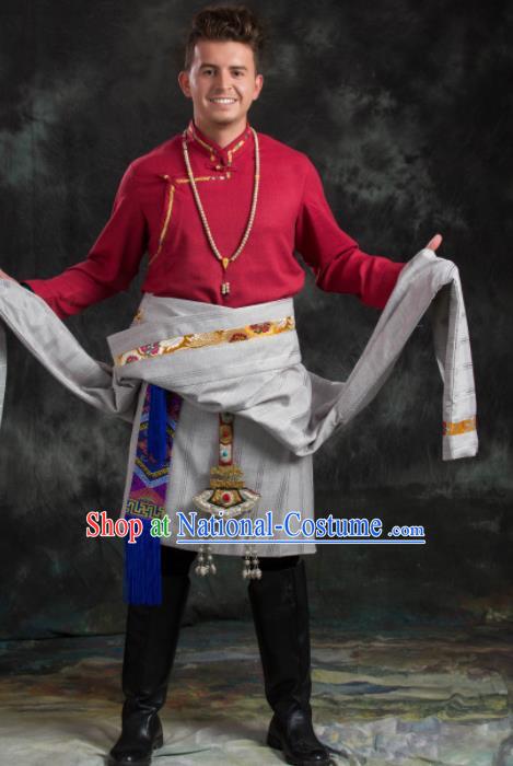 Chinese Traditional Tibetan Robe Zang Nationality Ethnic Folk Dance Costume for Men