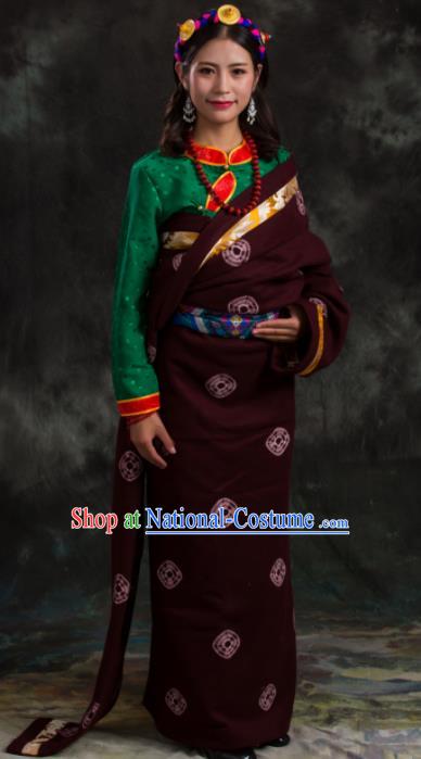 Chinese Traditional National Ethnic Amaranth Tibetan Robe Zang Nationality Costume for Women