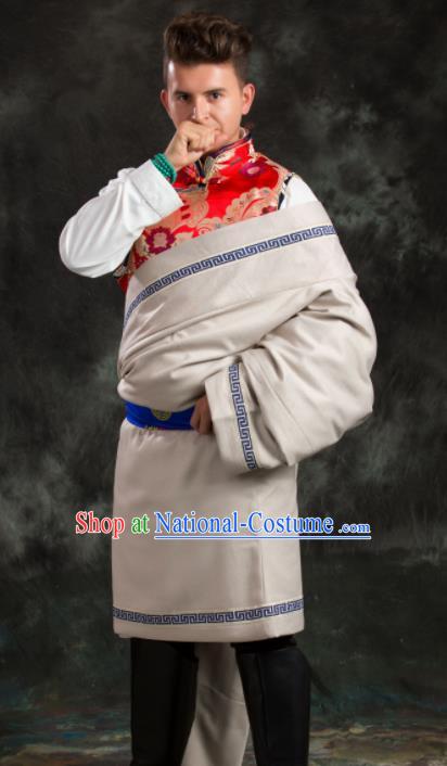 Chinese Traditional Beige Tibetan Robe Zang Nationality Ethnic Folk Dance Costume for Men