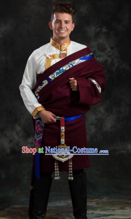 Chinese Traditional Wine Red Tibetan Robe Zang Nationality Ethnic Folk Dance Costume for Men