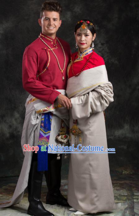 Chinese Traditional Couple Tibetan Robe Zang Nationality Ethnic Folk Dance Costume for Women for Men