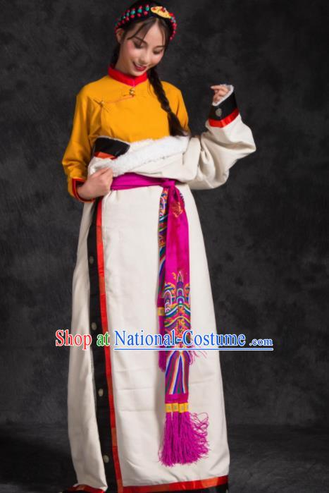 Chinese Traditional Ethnic Female White Tibetan Robe Zang Nationality Heishui Dance Costume for Women