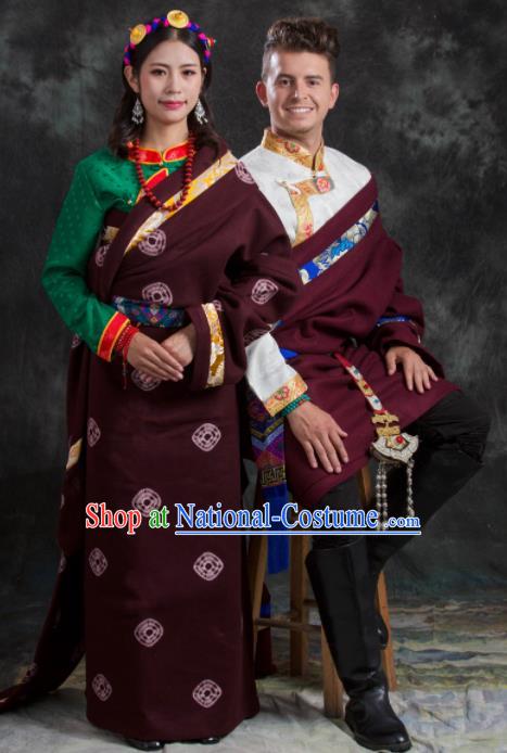 Chinese Traditional Couple Wine Red Tibetan Robe Zang Nationality Ethnic Folk Dance Costume for Women for Men