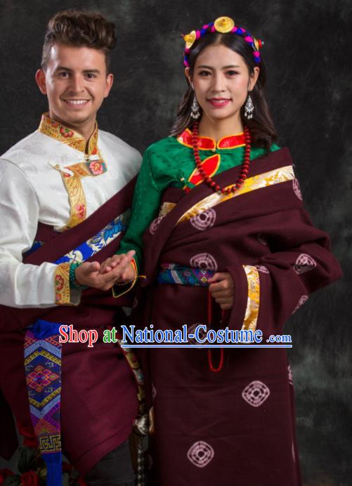 Chinese Traditional Couple Wine Red Tibetan Robe Zang Nationality Ethnic Folk Dance Costume for Women for Men