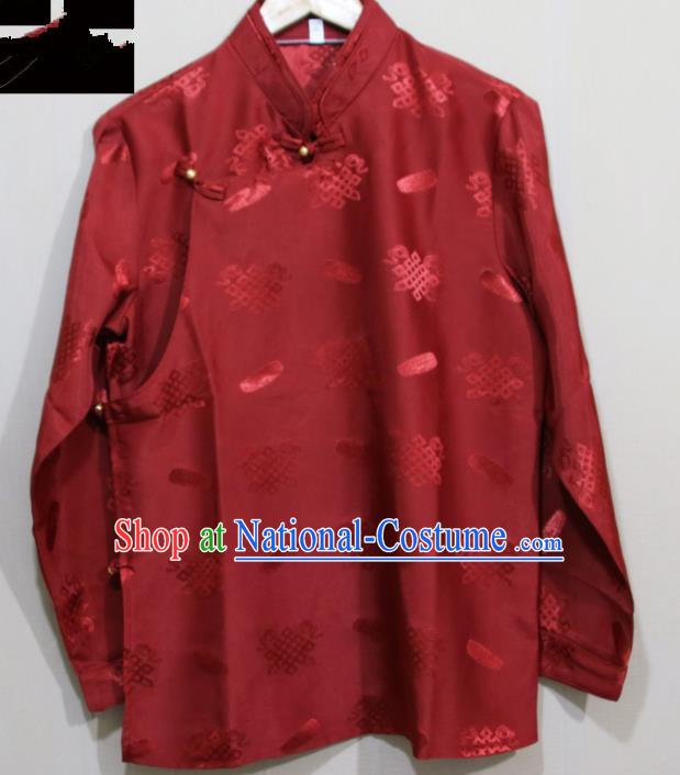 Chinese Traditional Tibetan Wine Red Shirt Zang Nationality Ethnic Folk Dance Costume for Men